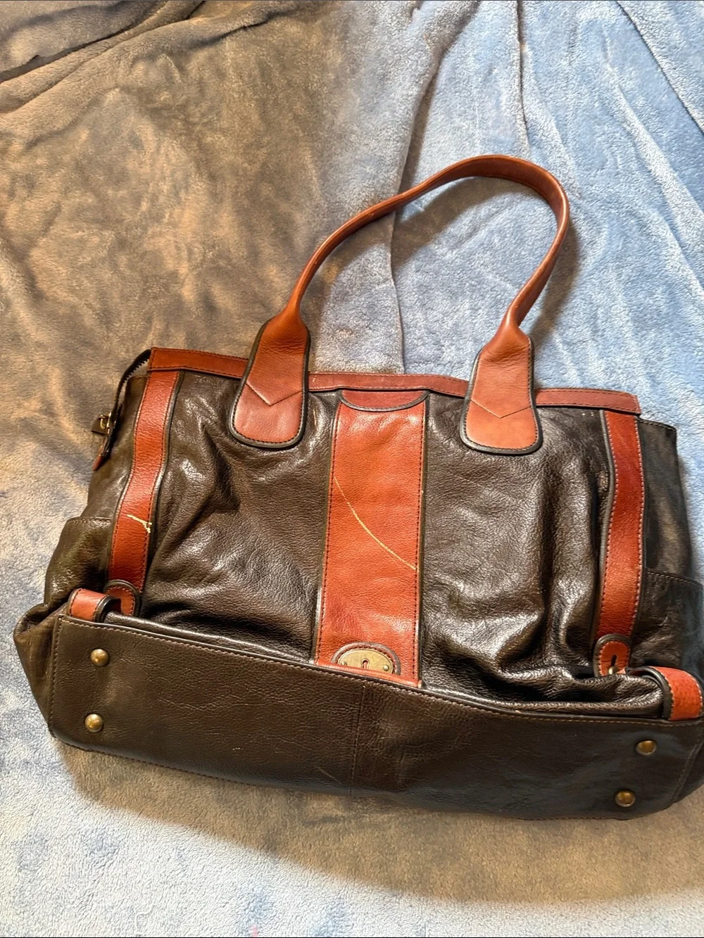 Fossil Two-Tone Brown and Cognac Leather Duffel Bag